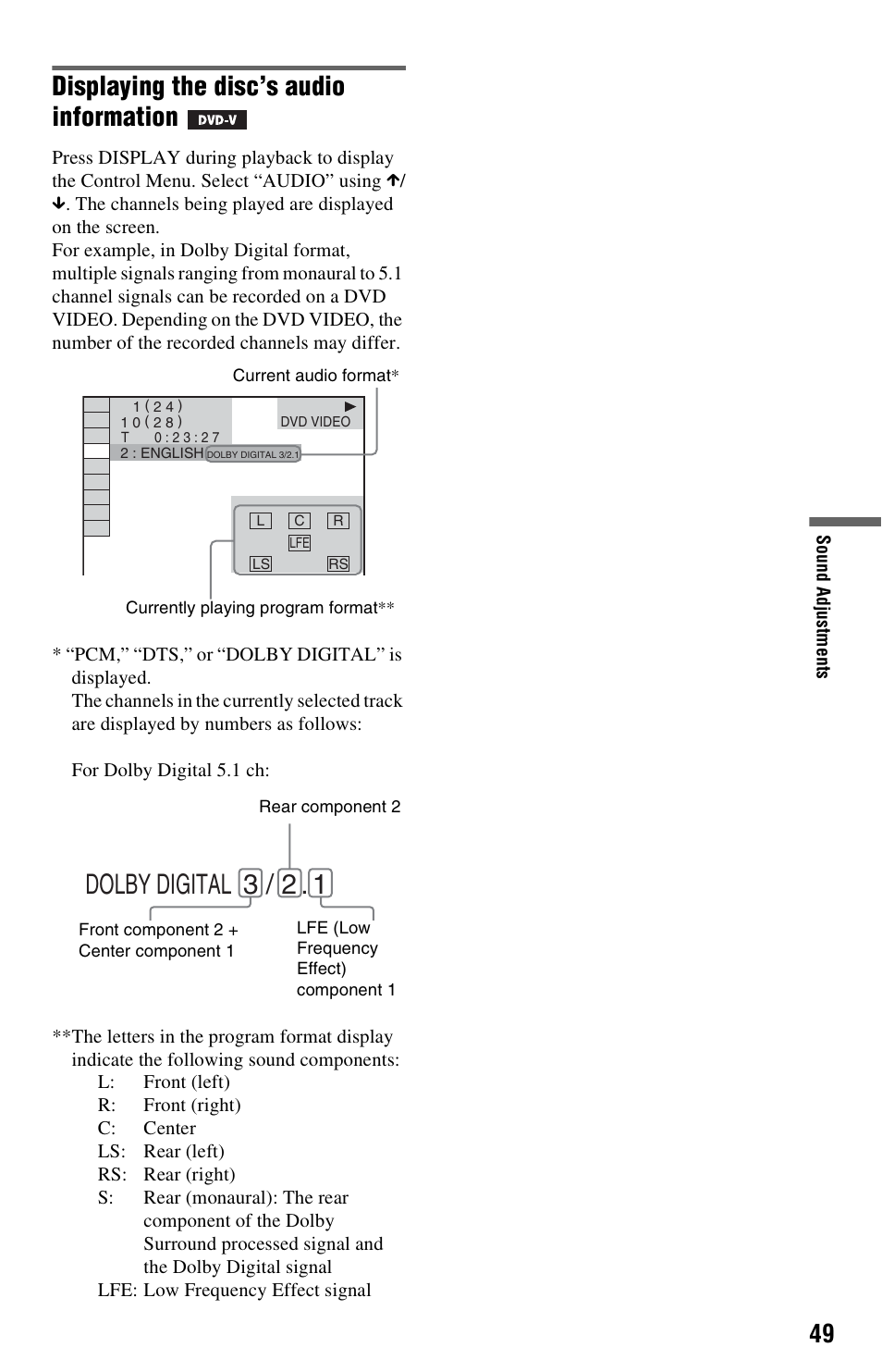 Nal (49), Dolby digital 3 / 2, Displaying the disc’s audio information | Sony DVP-NS3100ES User Manual | Page 49 / 88