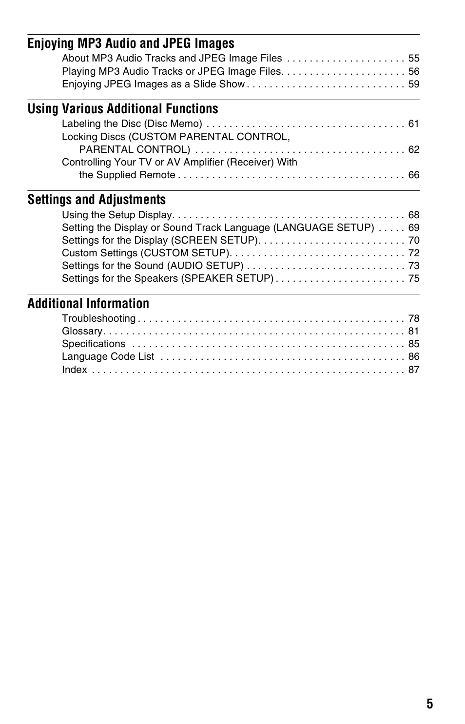 5enjoying mp3 audio and jpeg images, Using various additional functions, Settings and adjustments | Additional information | Sony DVP-NS3100ES User Manual | Page 5 / 88