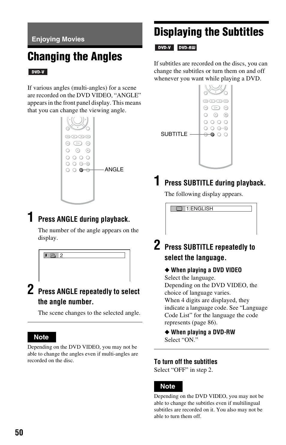 Enjoying movies, Changing the angles, Displaying the subtitles | Changing the angles displaying the subtitles, Gle (50) | Sony DVP-NS3100ES User Manual | Page 50 / 88