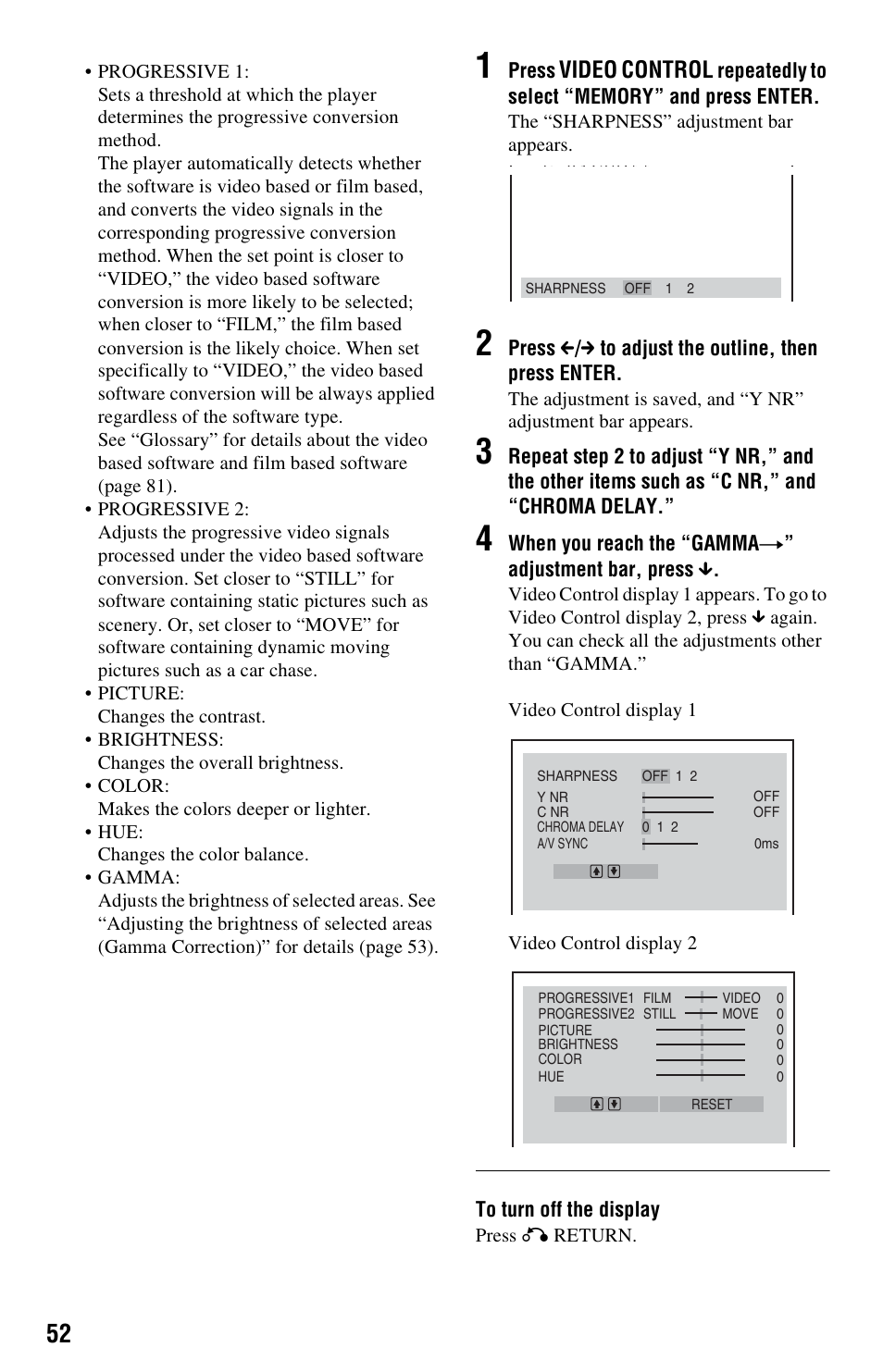 Video control | Sony DVP-NS3100ES User Manual | Page 52 / 88