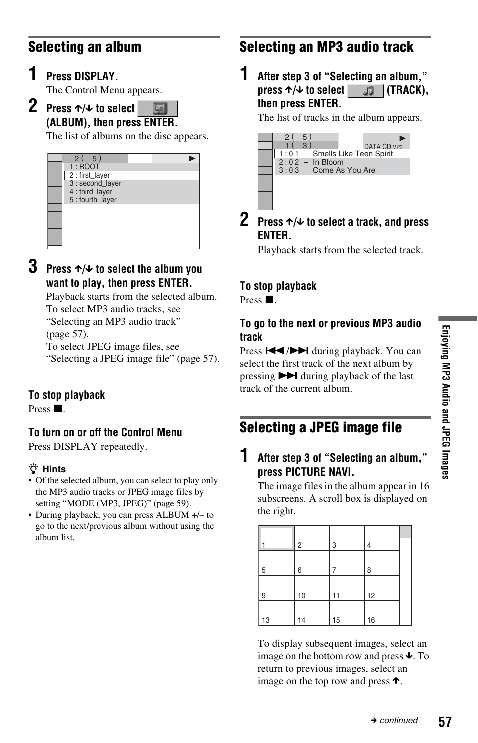 Selecting an album, Selecting an mp3 audio track, Selecting a jpeg image file | Sony DVP-NS3100ES User Manual | Page 57 / 88