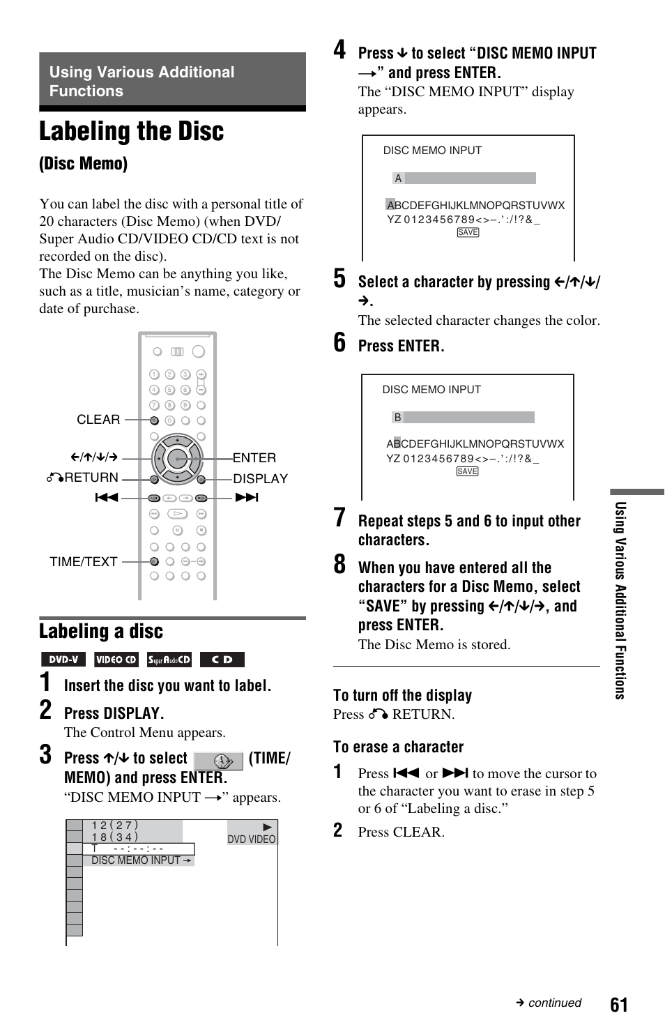 Using various additional functions, Labeling the disc (disc memo), Labeling the disc | Labeling a disc | Sony DVP-NS3100ES User Manual | Page 61 / 88