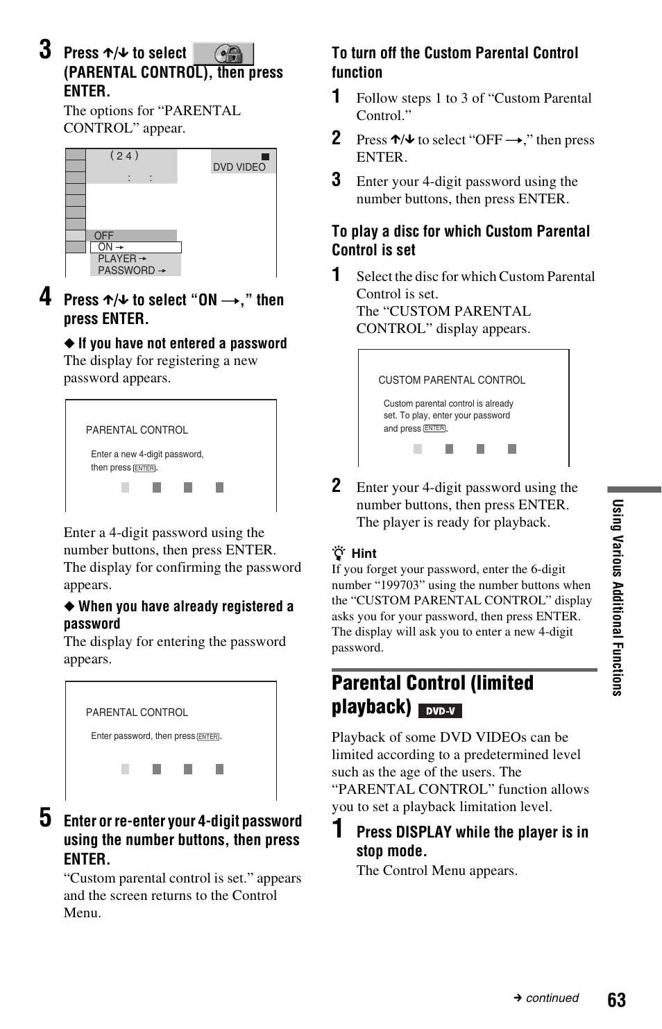 Parental control (limited playback) | Sony DVP-NS3100ES User Manual | Page 63 / 88