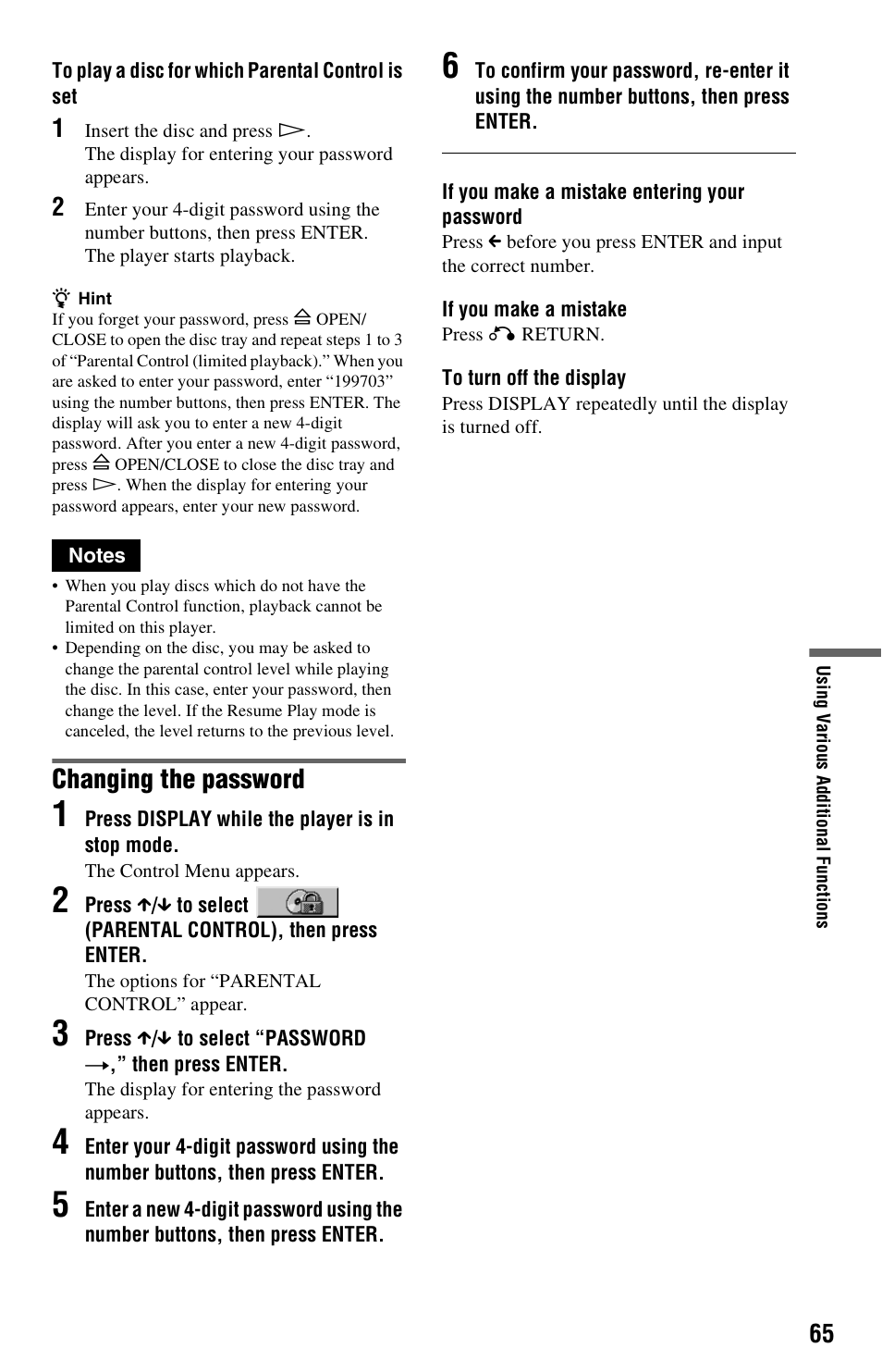 Changing the password | Sony DVP-NS3100ES User Manual | Page 65 / 88