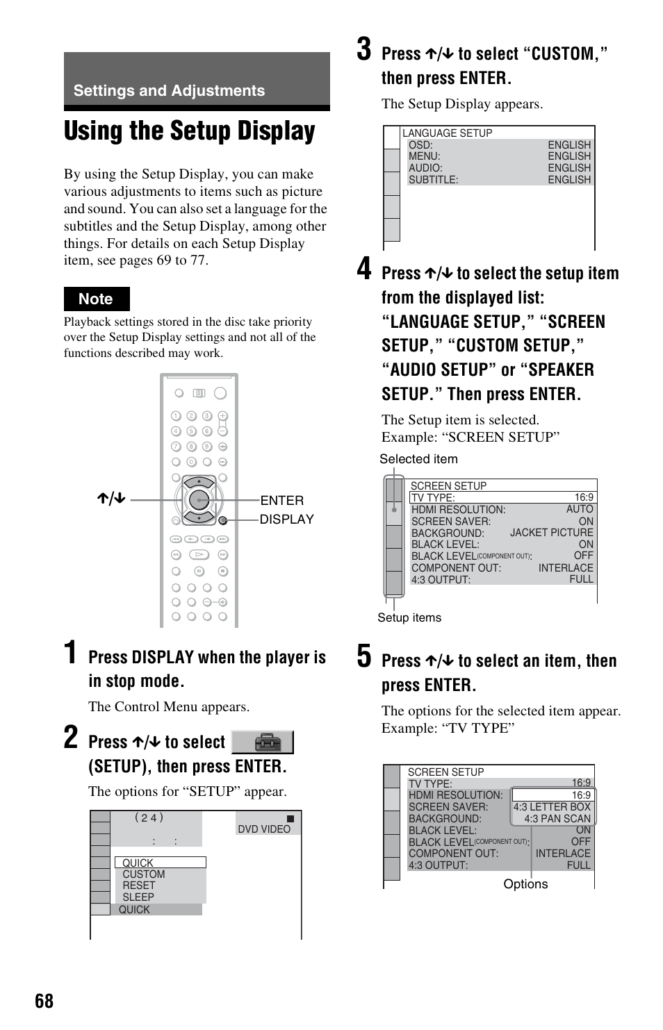 Settings and adjustments, Using the setup display, Press display when the player is in stop mode | Press x / x to select (setup), then press enter, Press x / x to select “custom,” then press enter, Press x / x to select an item, then press enter, X / x | Sony DVP-NS3100ES User Manual | Page 68 / 88