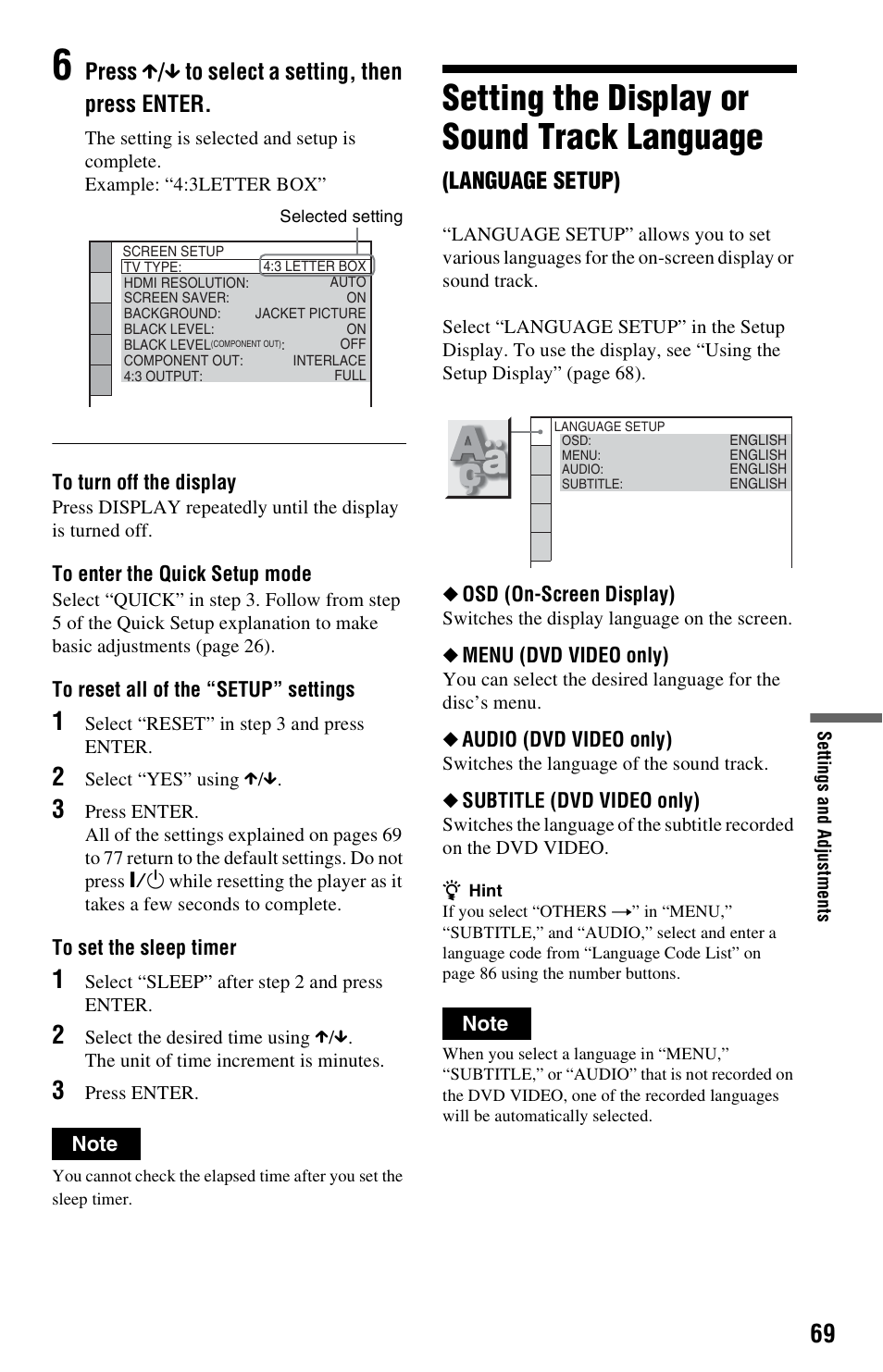 Setting the display or sound track language, Press x / x to select a setting, then press enter, Language setup) | Sony DVP-NS3100ES User Manual | Page 69 / 88