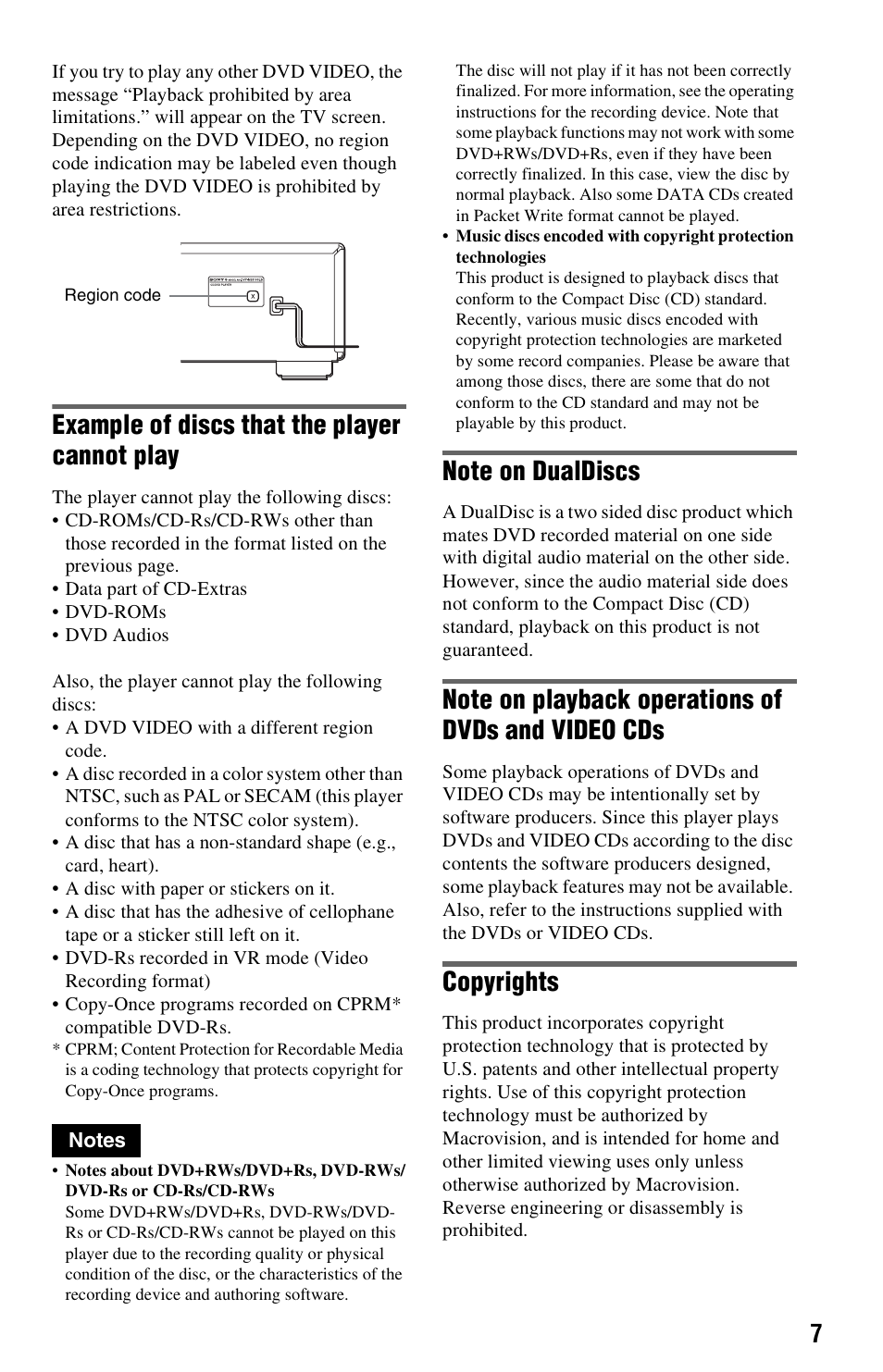 Example of discs that the player cannot play, Copyrights | Sony DVP-NS3100ES User Manual | Page 7 / 88
