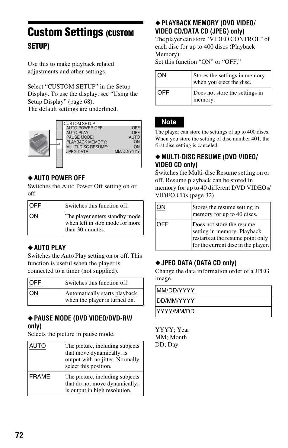 Custom settings (custom setup), Custom settings, Custom setup) | Auto power off, Auto play, Pause mode (dvd video/dvd-rw only), Multi-disc resume (dvd video/ video cd only), Jpeg data (data cd only) | Sony DVP-NS3100ES User Manual | Page 72 / 88
