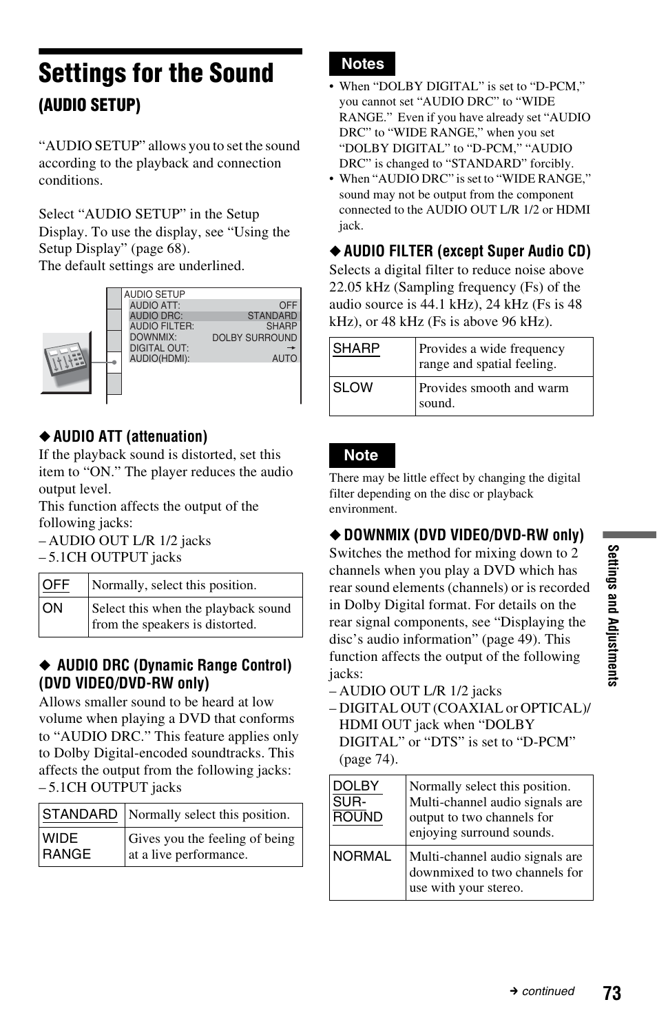 Settings for the sound (audio setup), Settings for the sound, Audio setup) | Sony DVP-NS3100ES User Manual | Page 73 / 88