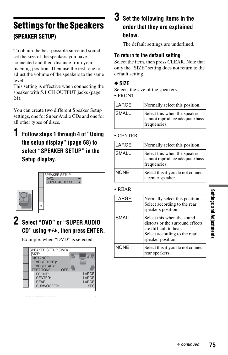 Settings for the speakers (speaker setup), Settings for the speakers, Speaker setup) | Sony DVP-NS3100ES User Manual | Page 75 / 88