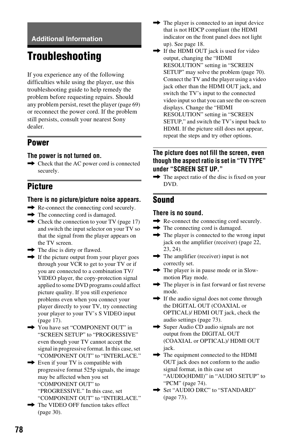 Additional information, Troubleshooting, Power | Picture, Sound | Sony DVP-NS3100ES User Manual | Page 78 / 88