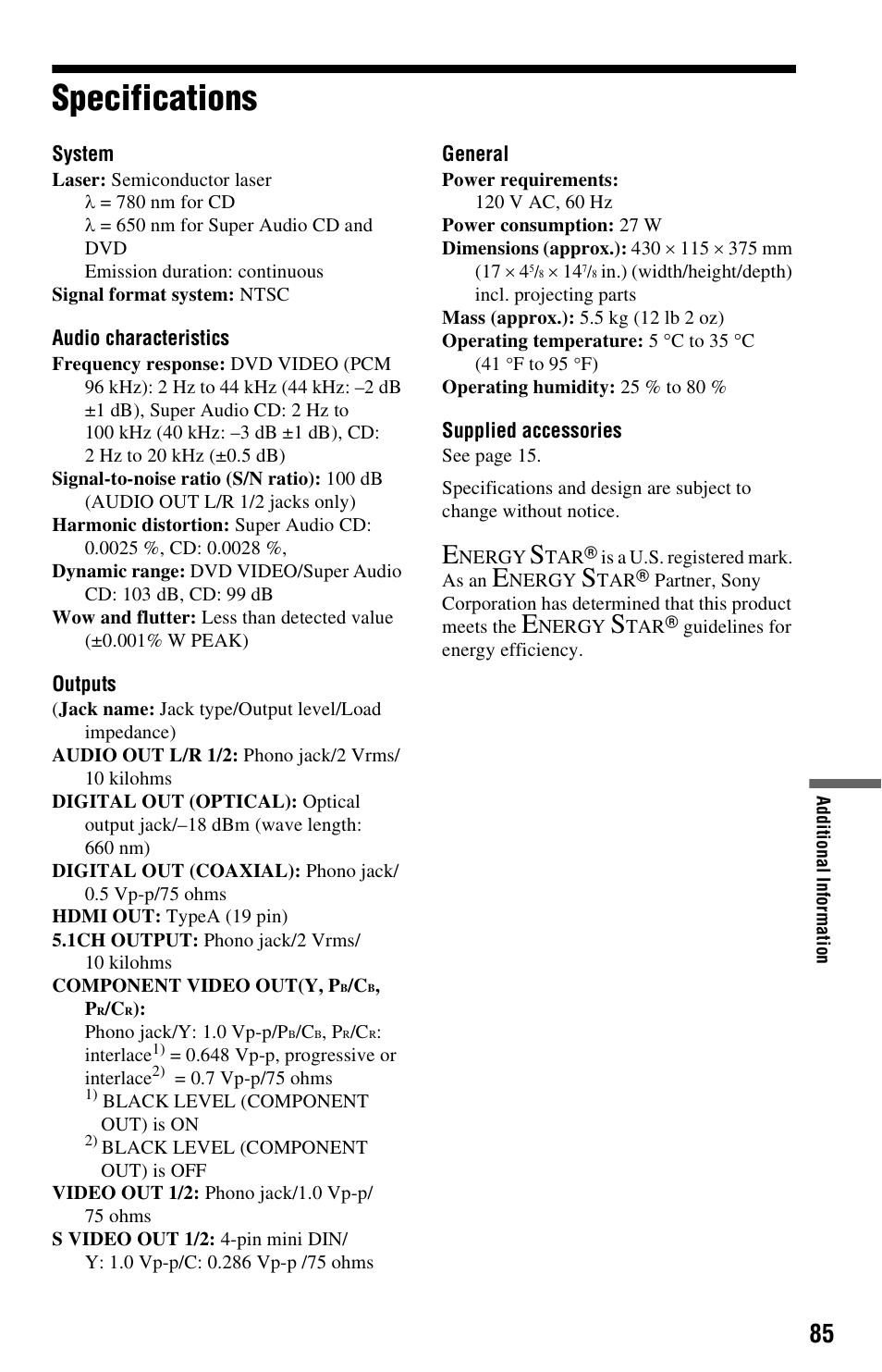 Specifications | Sony DVP-NS3100ES User Manual | Page 85 / 88