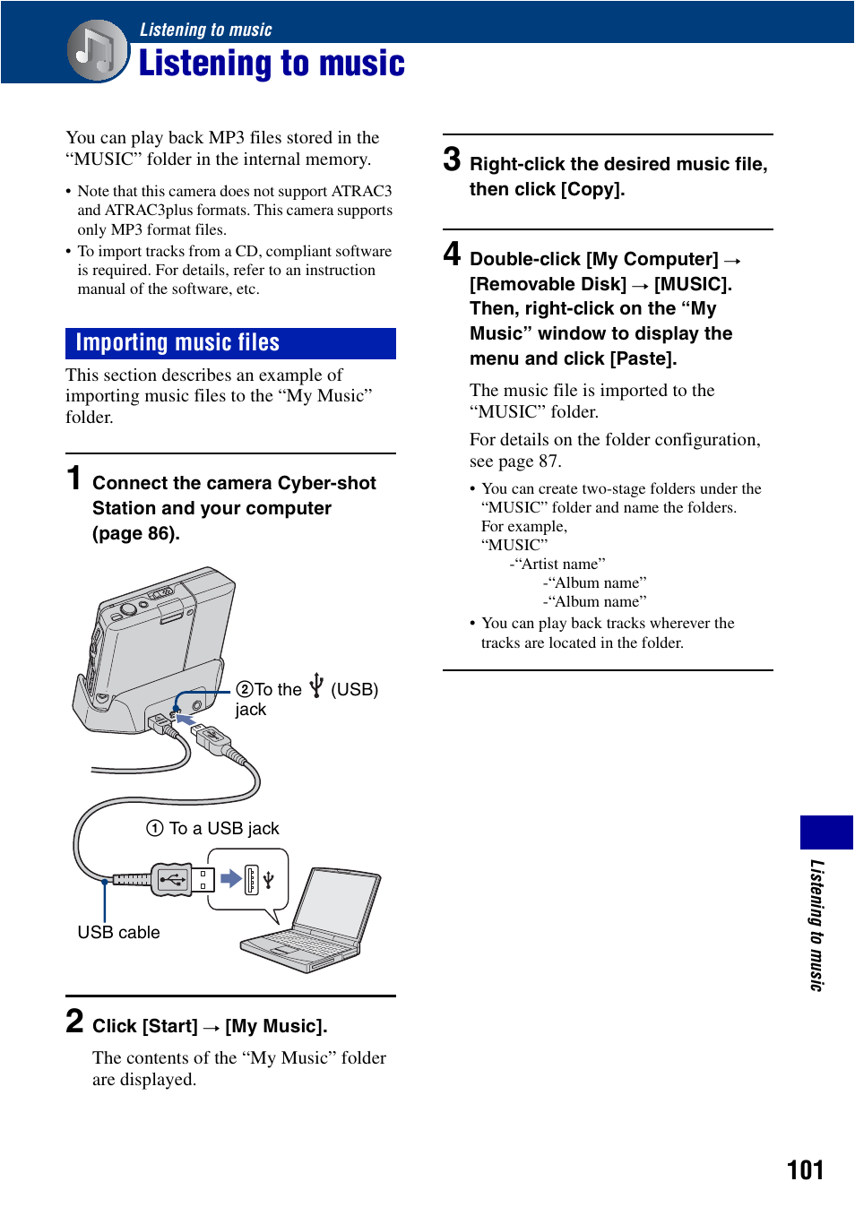 Listening to music, Importing music files | Sony Cyber-shot DSC-G1 User Manual | Page 101 / 125