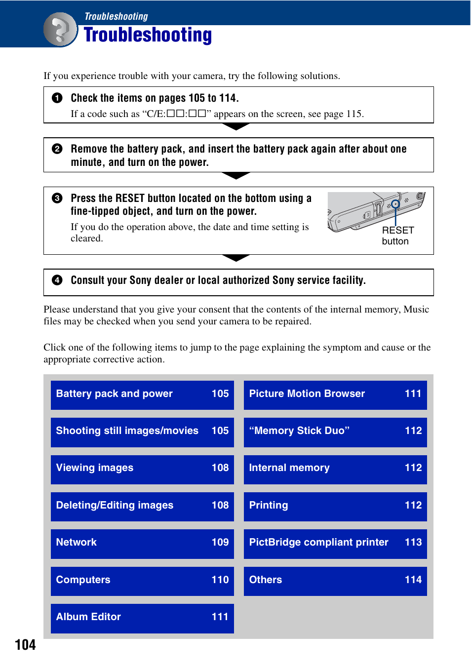 Troubleshooting | Sony Cyber-shot DSC-G1 User Manual | Page 104 / 125