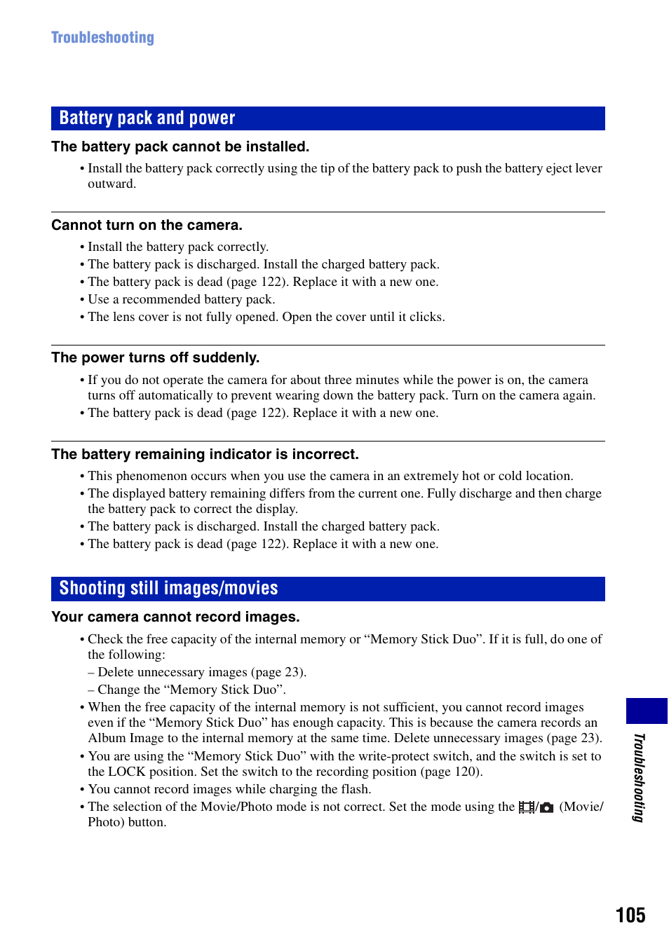 S 105 t, Battery pack and power, Shooting still images/movies | Sony Cyber-shot DSC-G1 User Manual | Page 105 / 125