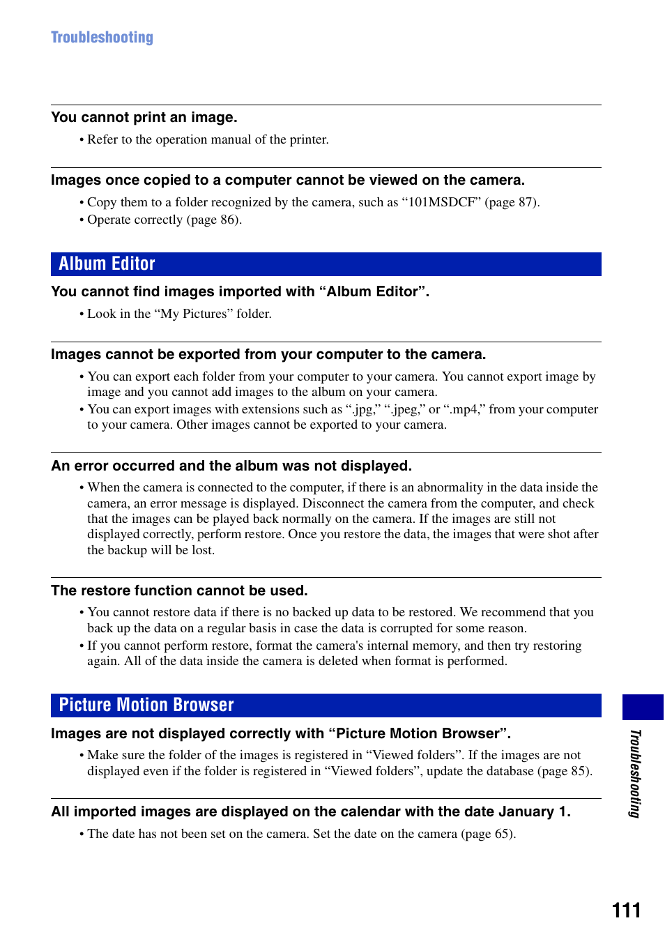 Album editor, Picture motion browser, Album editor picture motion browser | Sony Cyber-shot DSC-G1 User Manual | Page 111 / 125