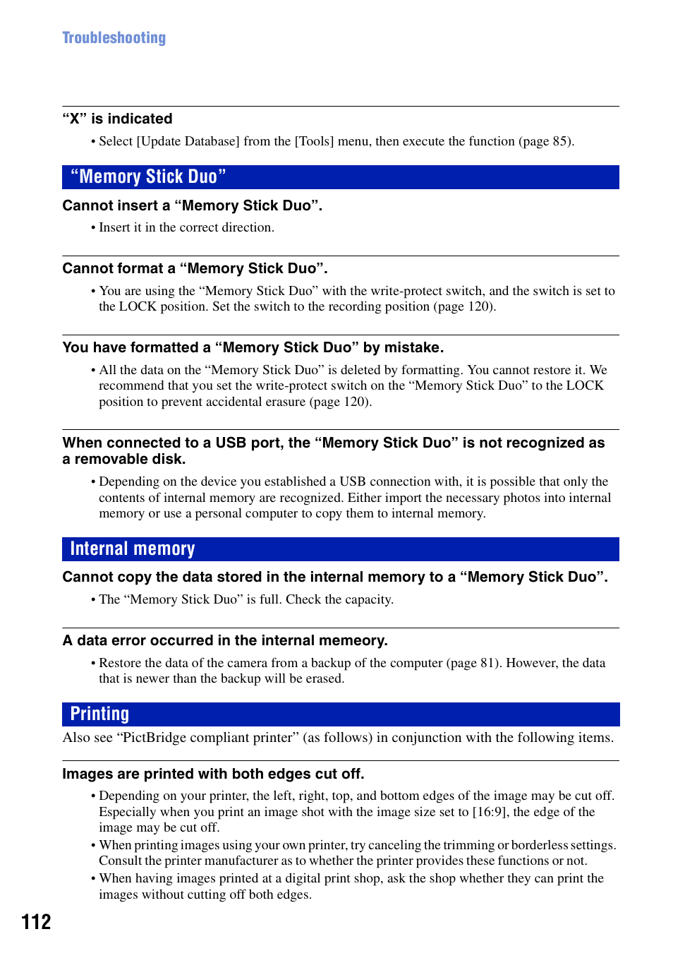 Memory stick duo, Internal memory, Printing | Sony Cyber-shot DSC-G1 User Manual | Page 112 / 125