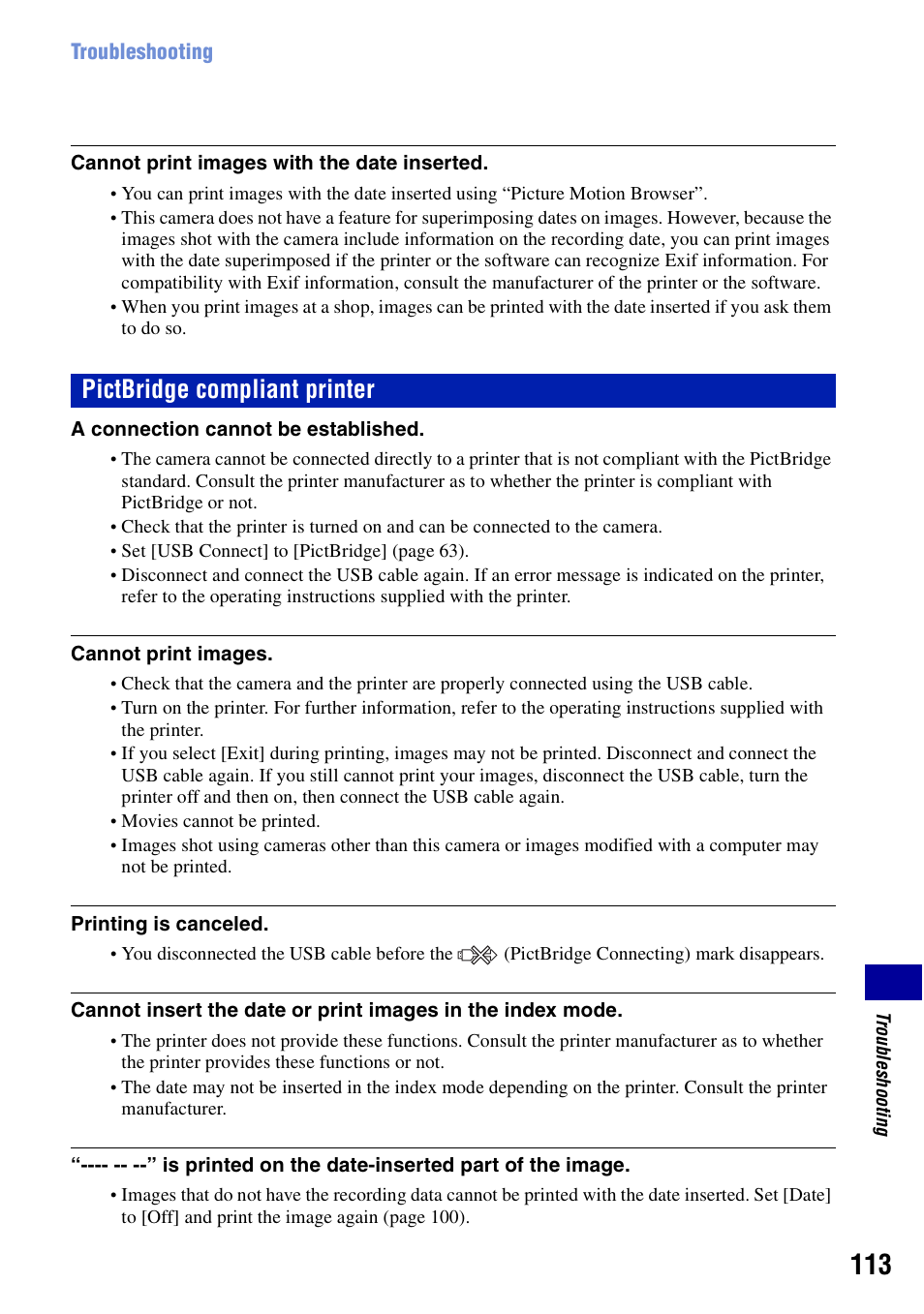 Pictbridge compliant printer, E “pictbridge compliant printer | Sony Cyber-shot DSC-G1 User Manual | Page 113 / 125