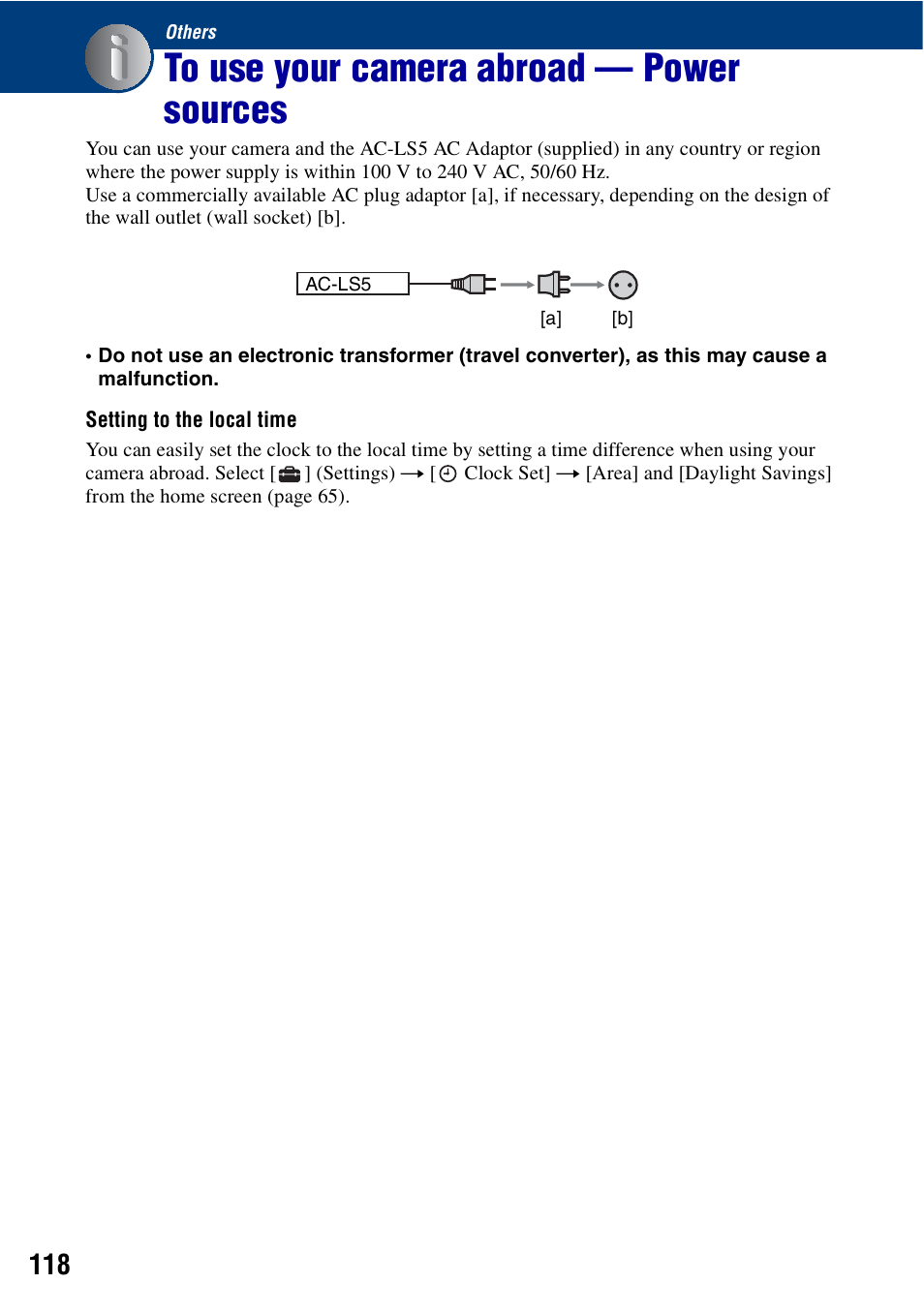 Others, To use your camera abroad - power sources, To use your camera abroad — power sources | Sony Cyber-shot DSC-G1 User Manual | Page 118 / 125