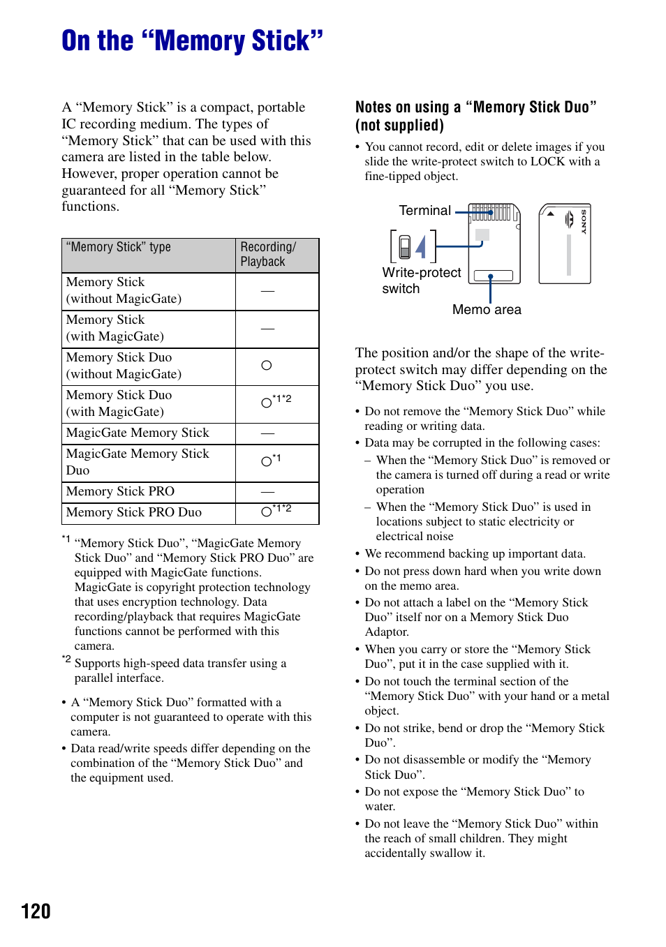 On the “memory stick | Sony Cyber-shot DSC-G1 User Manual | Page 120 / 125