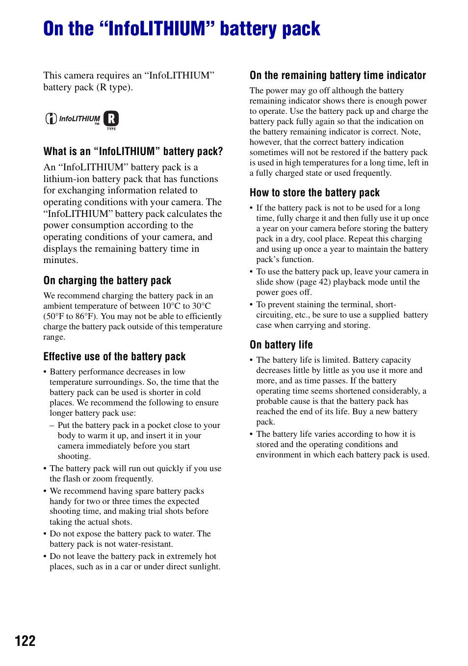 On the “infolithium” battery pack | Sony Cyber-shot DSC-G1 User Manual | Page 122 / 125