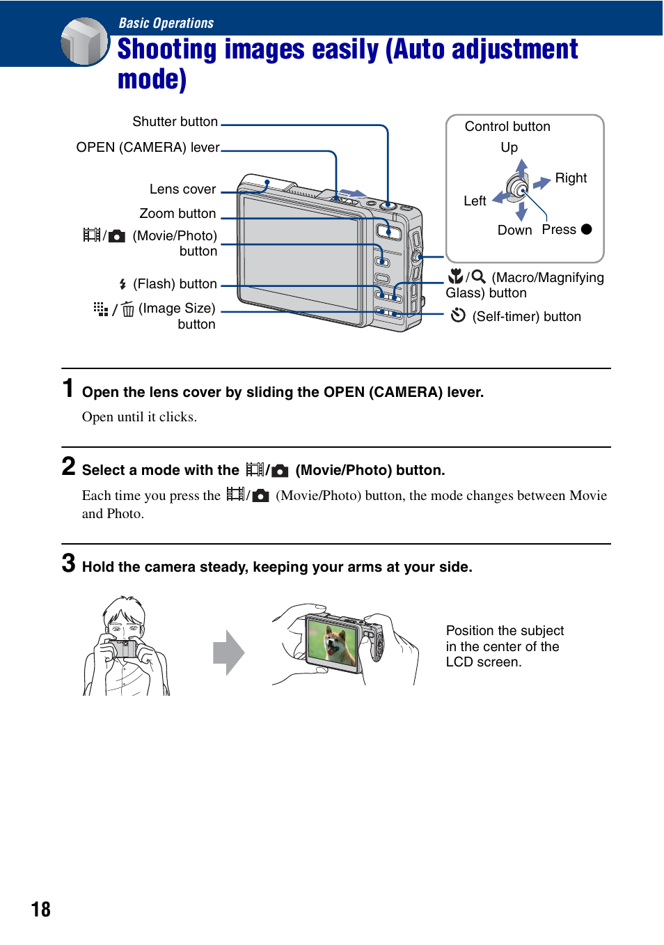 Basic operations, Shooting images easily (auto adjustment mode) | Sony Cyber-shot DSC-G1 User Manual | Page 18 / 125