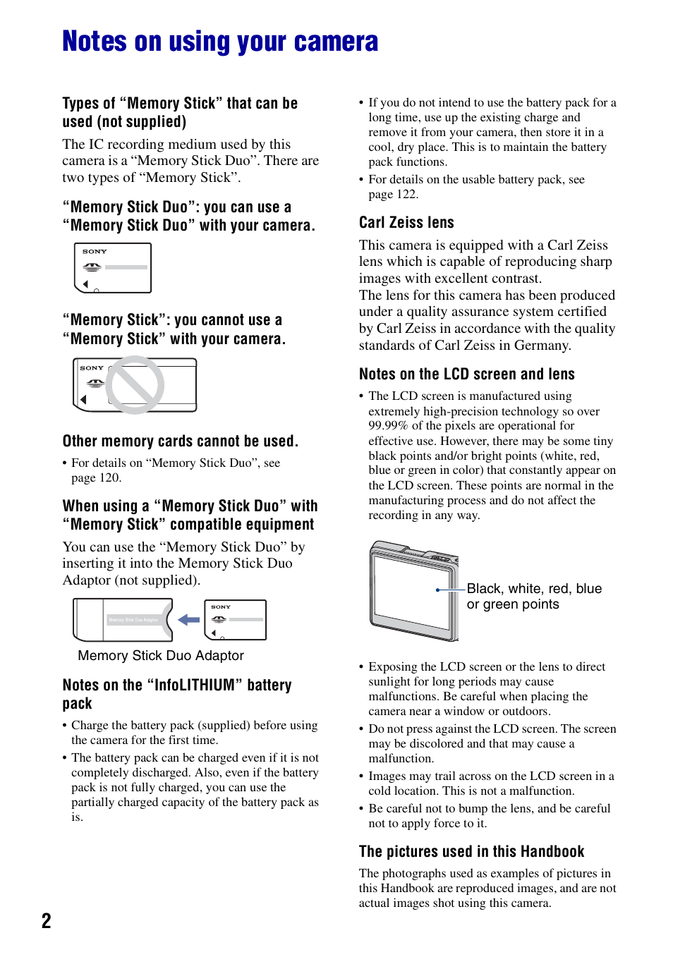 Notes on using your camera | Sony Cyber-shot DSC-G1 User Manual | Page 2 / 125
