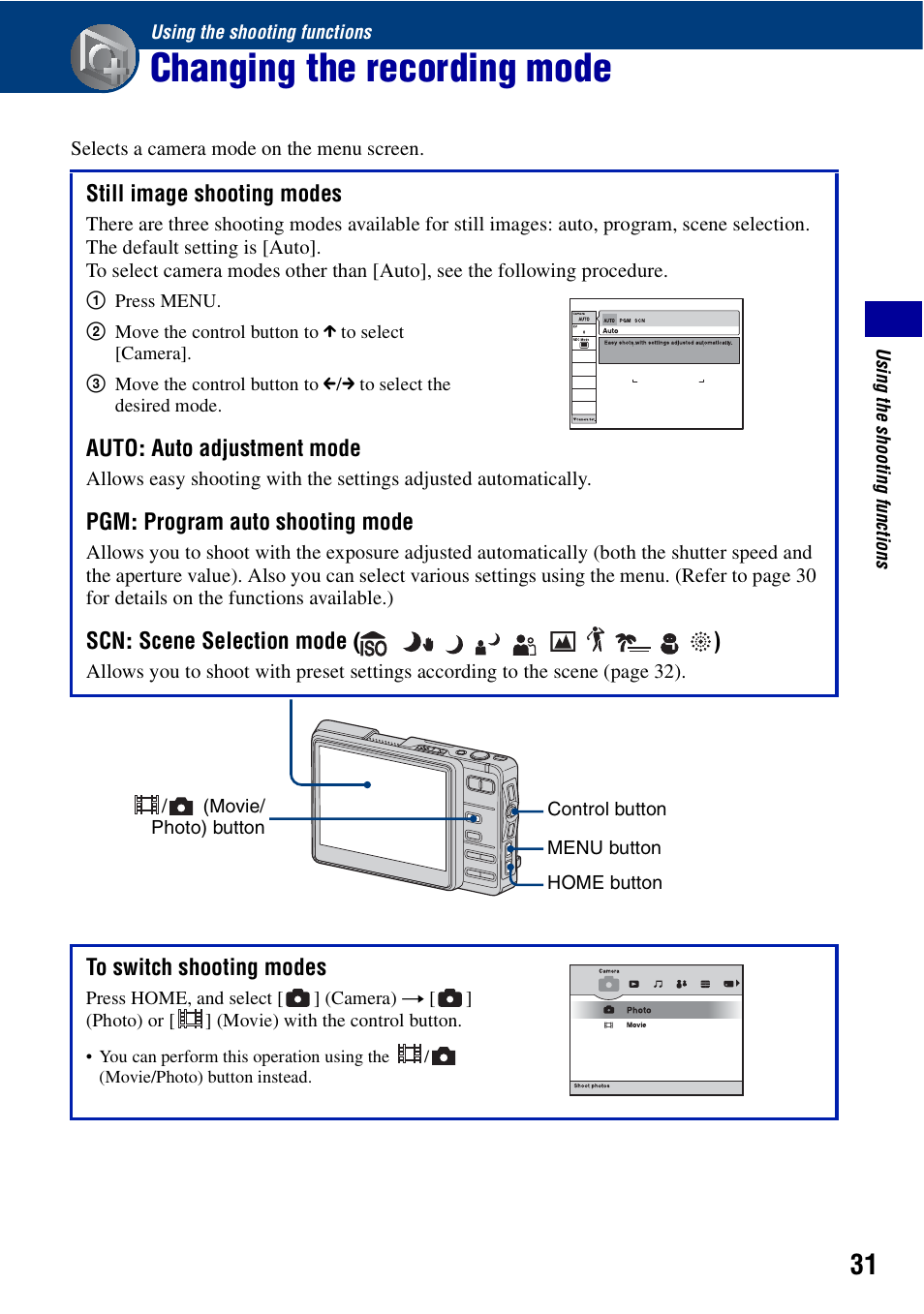 Using the shooting functions, Changing the recording mode | Sony Cyber-shot DSC-G1 User Manual | Page 31 / 125