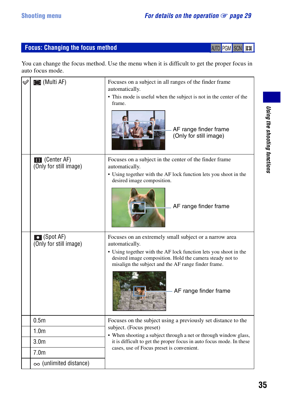 Focus: changing the focus method | Sony Cyber-shot DSC-G1 User Manual | Page 35 / 125