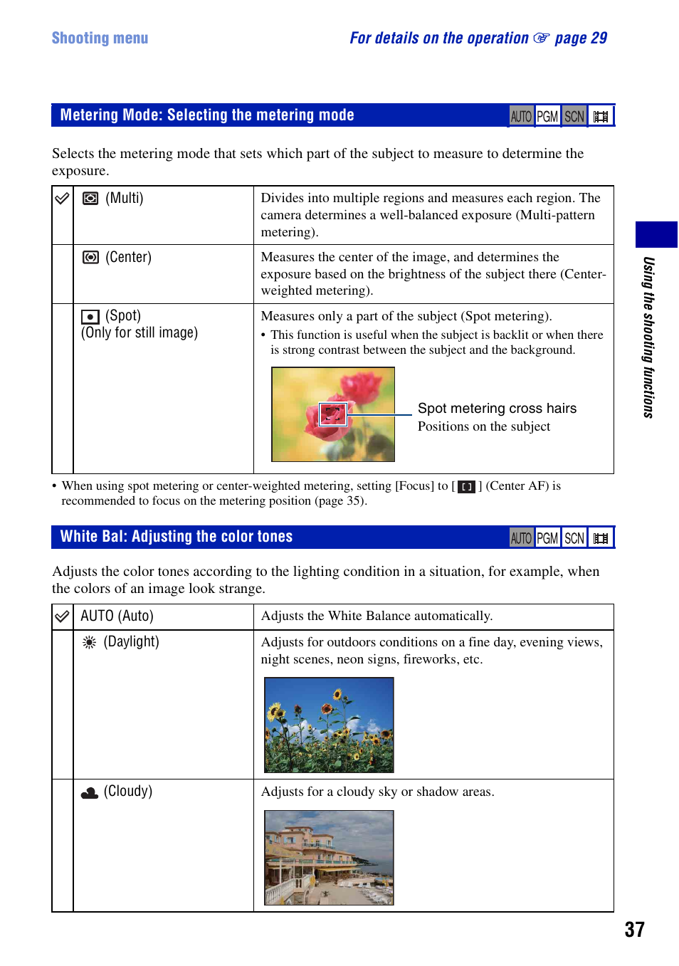 Metering mode: selecting the metering mode, White bal: adjusting the color tones | Sony Cyber-shot DSC-G1 User Manual | Page 37 / 125