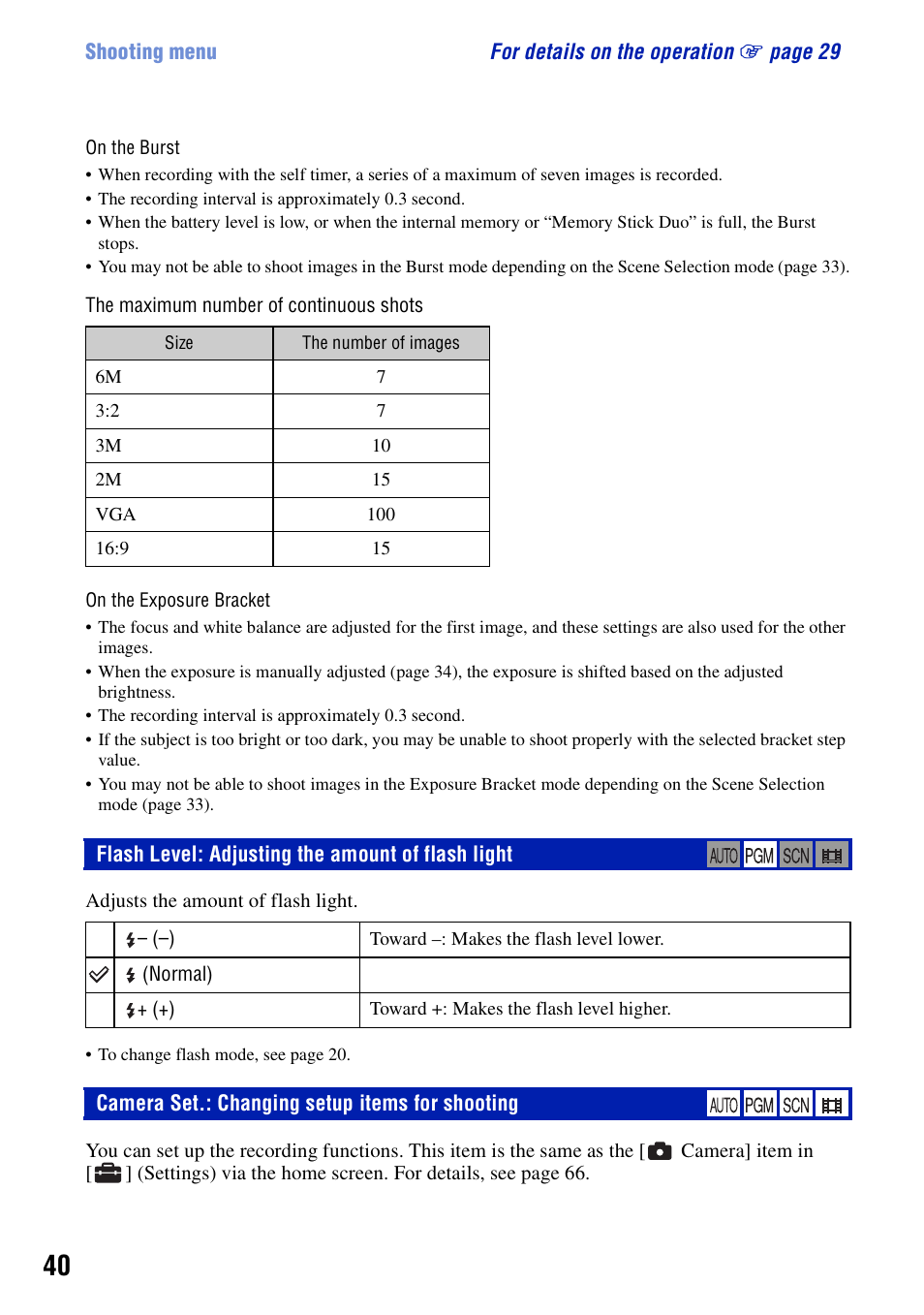 Flash level: adjusting the amount of flash light, Camera set.: changing setup items for shooting | Sony Cyber-shot DSC-G1 User Manual | Page 40 / 125