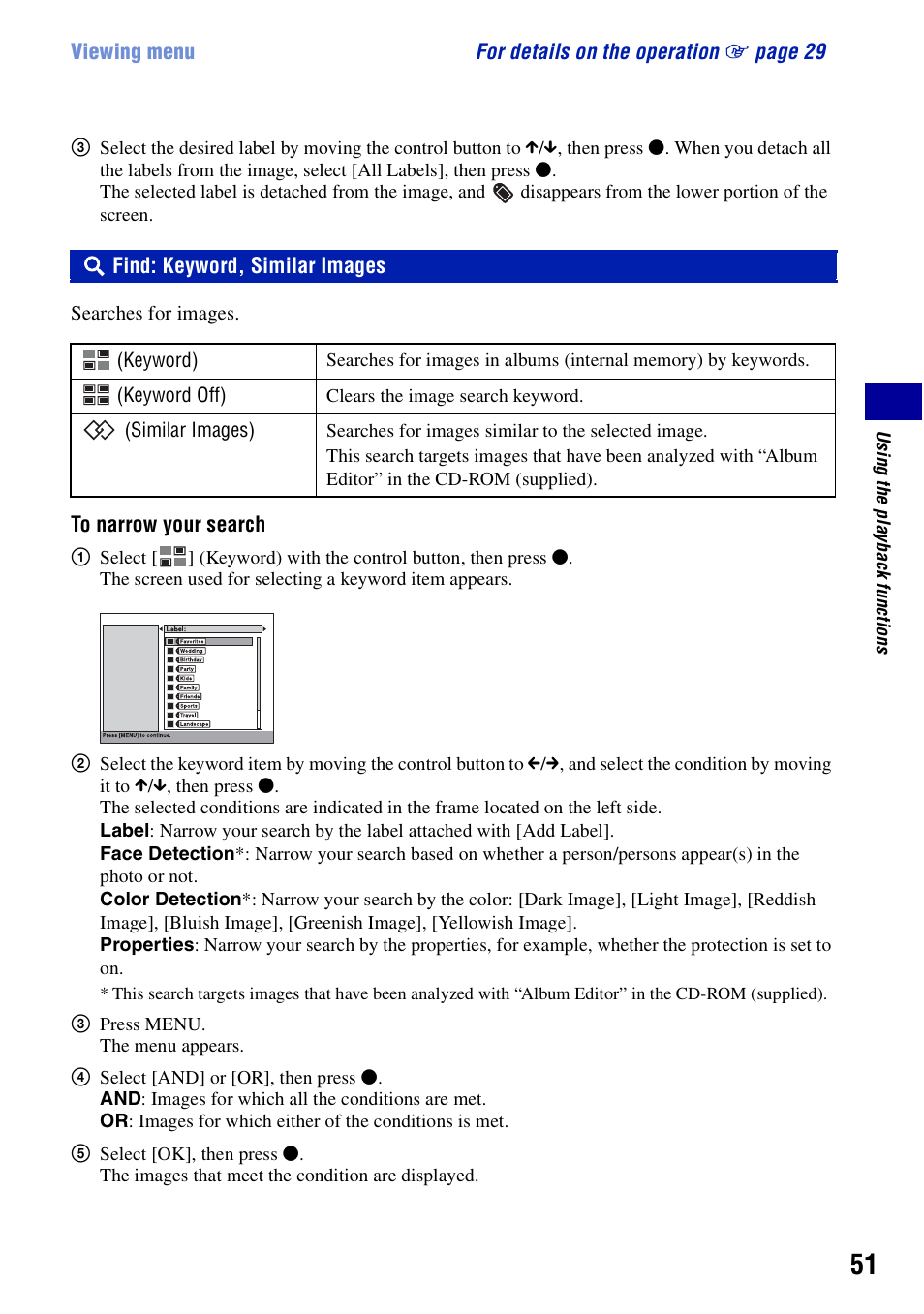 Find: keyword, similar images | Sony Cyber-shot DSC-G1 User Manual | Page 51 / 125