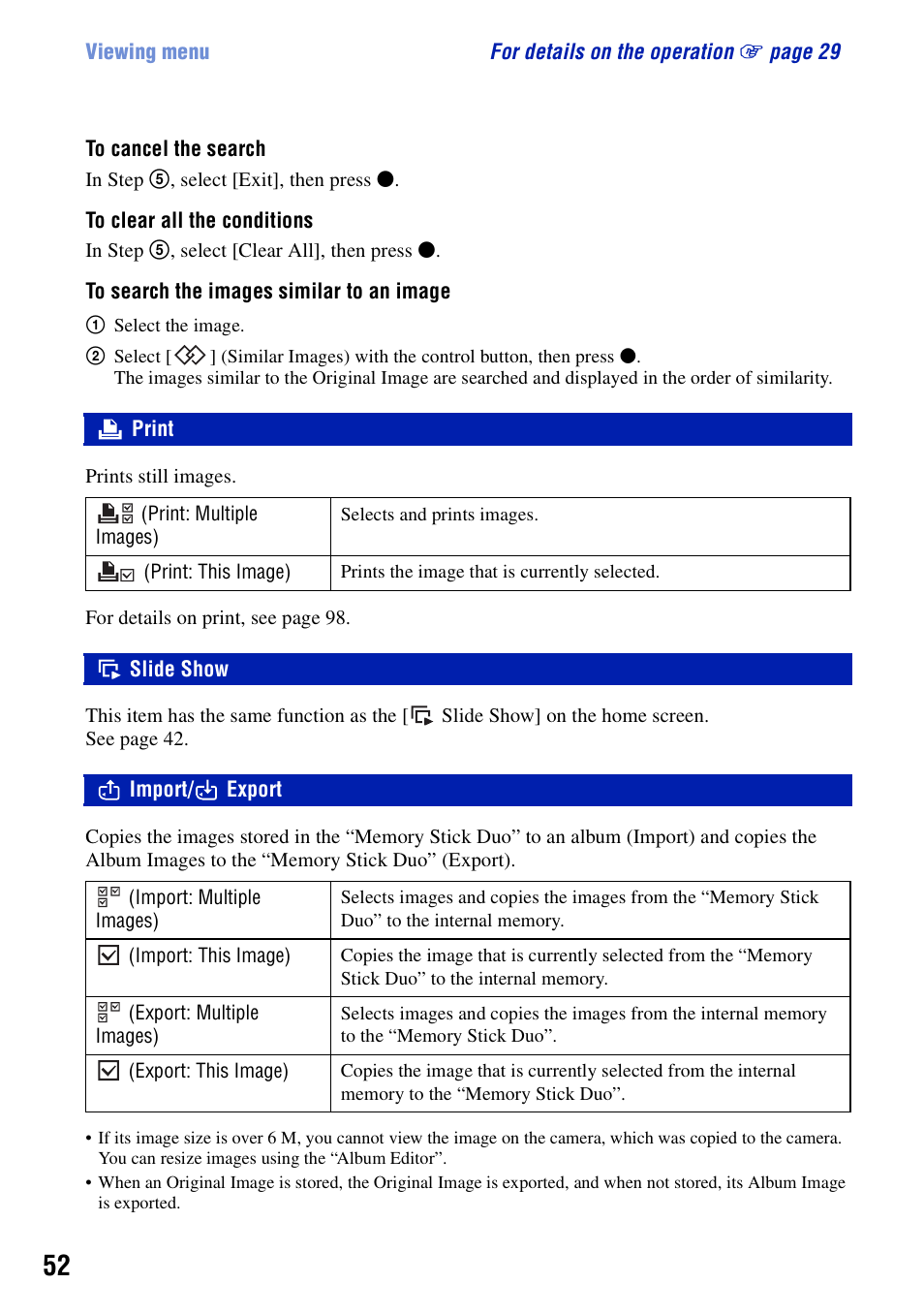Print, Slide show, Import/ export | Sony Cyber-shot DSC-G1 User Manual | Page 52 / 125
