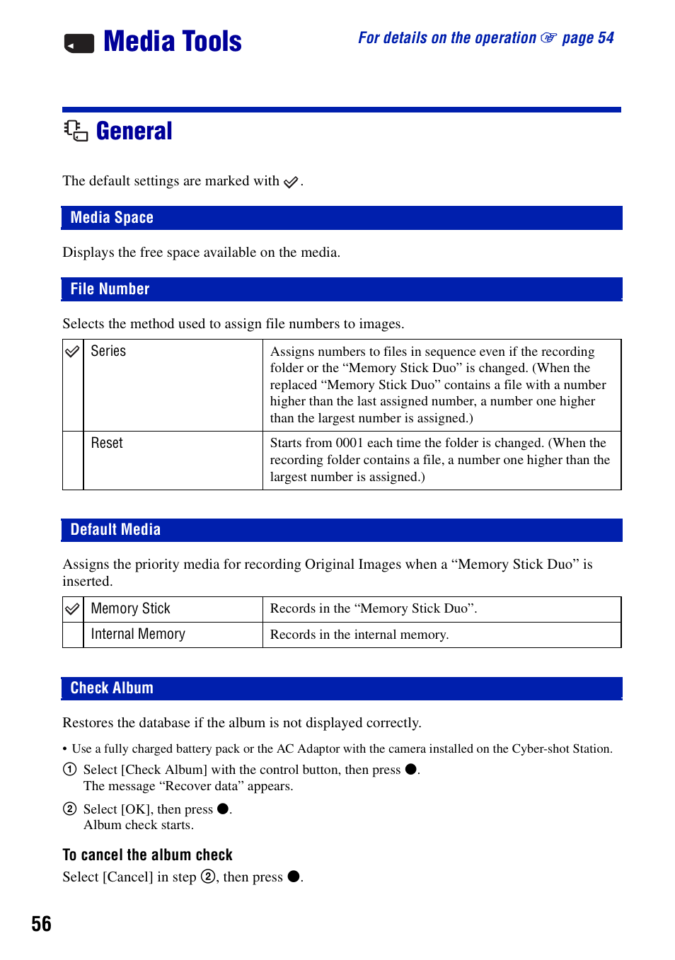 Media tools, General, Media space | File number, Default media, Check album, Media space file number, Default media check album | Sony Cyber-shot DSC-G1 User Manual | Page 56 / 125