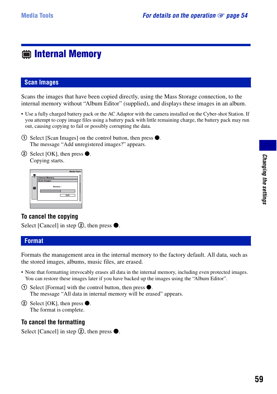 Internal memory, Scan images, Format | Scan images format | Sony Cyber-shot DSC-G1 User Manual | Page 59 / 125