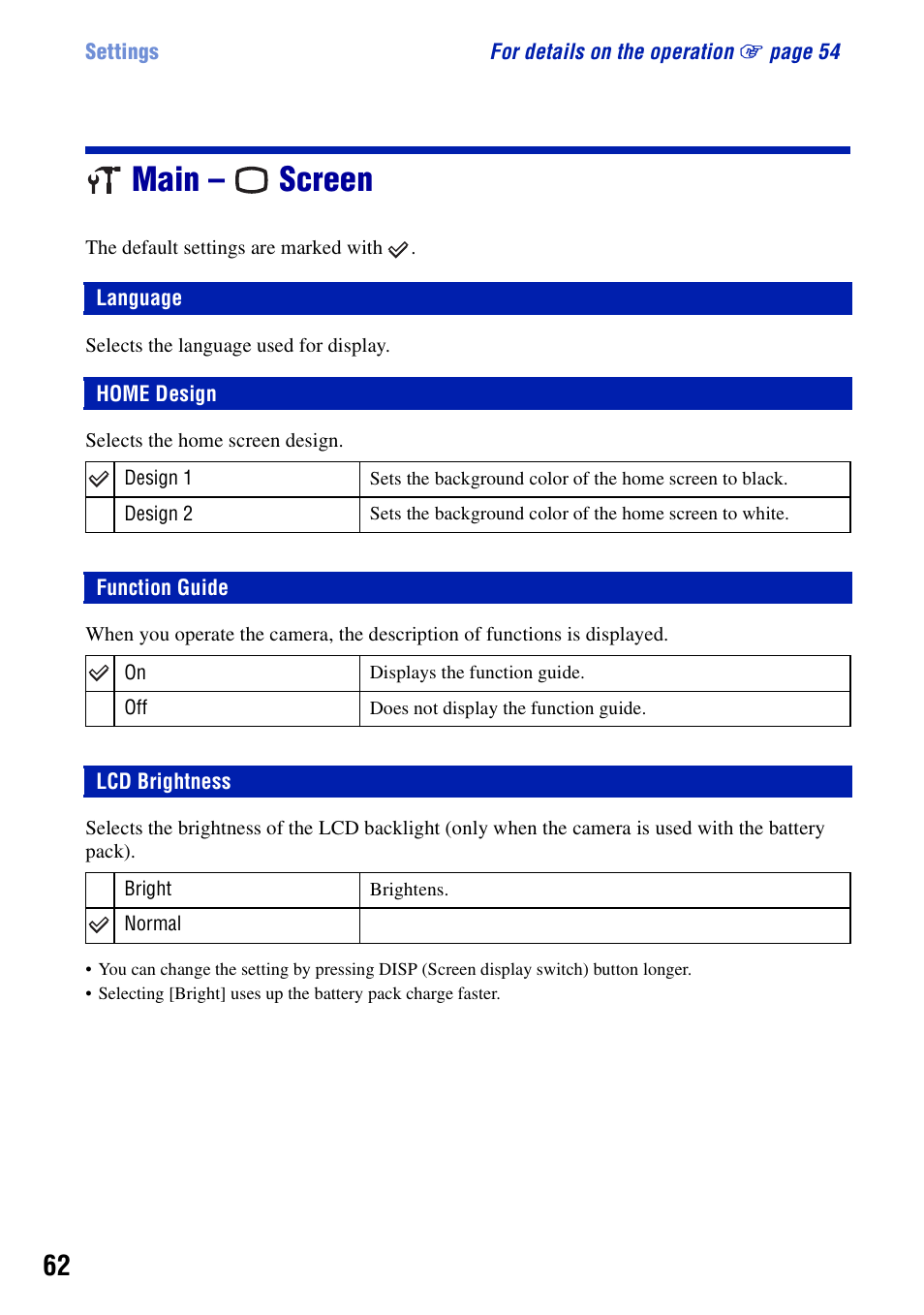 Main - screen, Language, Home design | Function guide, Lcd brightness, Language home design, Function guide lcd brightness, Main – screen | Sony Cyber-shot DSC-G1 User Manual | Page 62 / 125