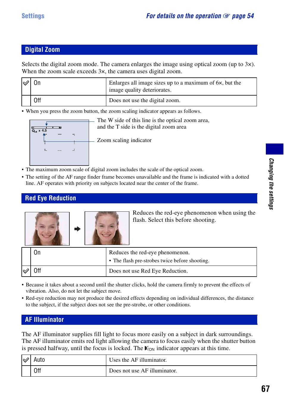 Digital zoom, Red eye reduction, Af illuminator | Red eye reduction af illuminator | Sony Cyber-shot DSC-G1 User Manual | Page 67 / 125
