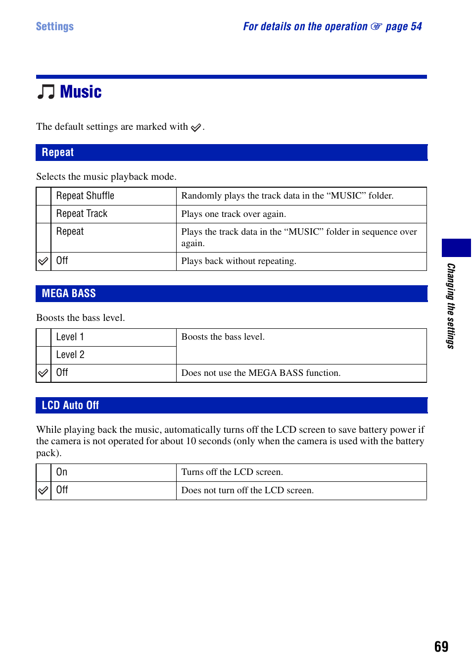 Music, Repeat, Mega bass | Lcd auto off, Repeat mega bass | Sony Cyber-shot DSC-G1 User Manual | Page 69 / 125