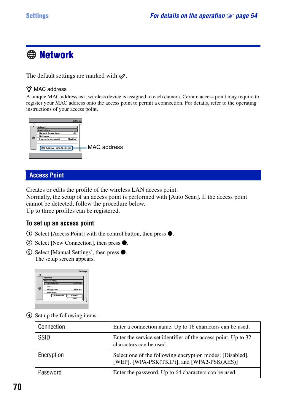 Network, Access point | Sony Cyber-shot DSC-G1 User Manual | Page 70 / 125