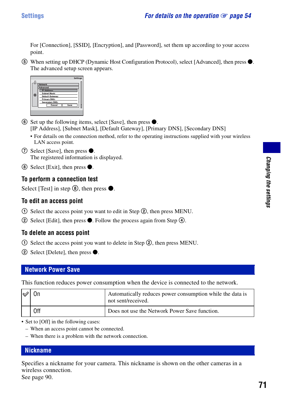 Network power save, Nickname | Sony Cyber-shot DSC-G1 User Manual | Page 71 / 125