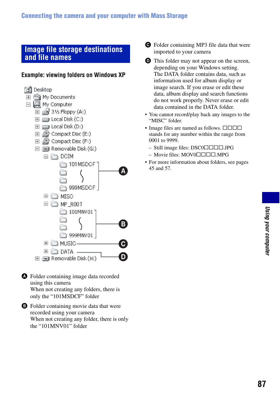 Image file storage destinations and file names | Sony Cyber-shot DSC-G1 User Manual | Page 87 / 125