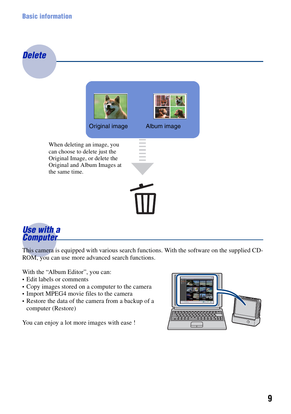 Delete use with a computer | Sony Cyber-shot DSC-G1 User Manual | Page 9 / 125