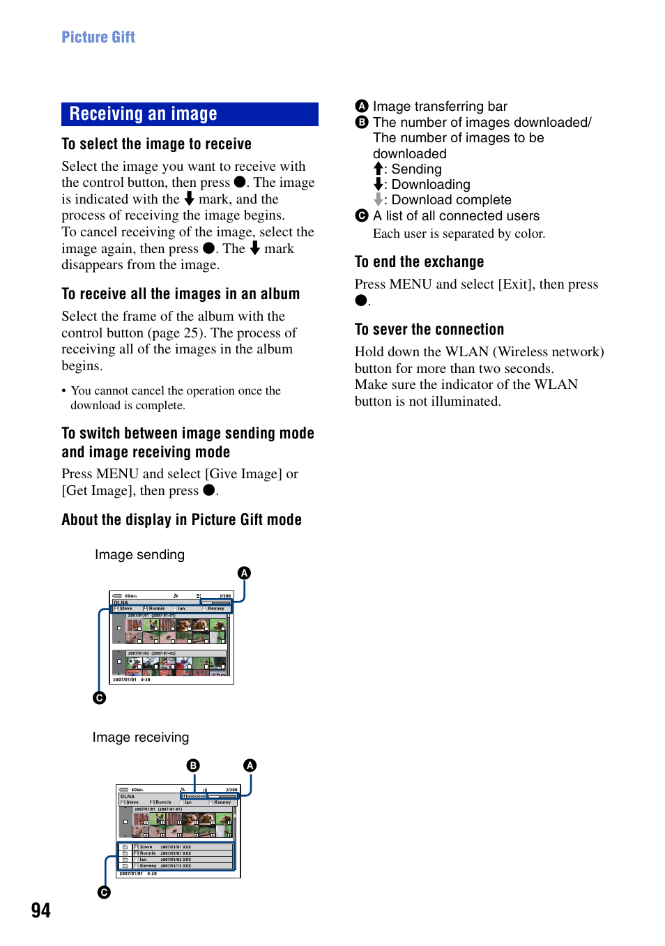 Receiving an image | Sony Cyber-shot DSC-G1 User Manual | Page 94 / 125
