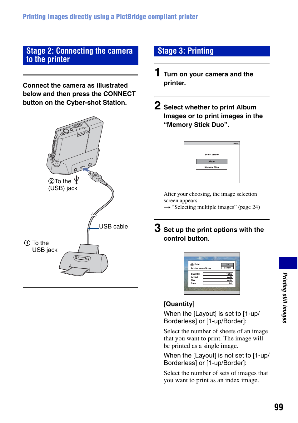 Stage 2: connecting the camera to the printer, Stage 3: printing | Sony Cyber-shot DSC-G1 User Manual | Page 99 / 125