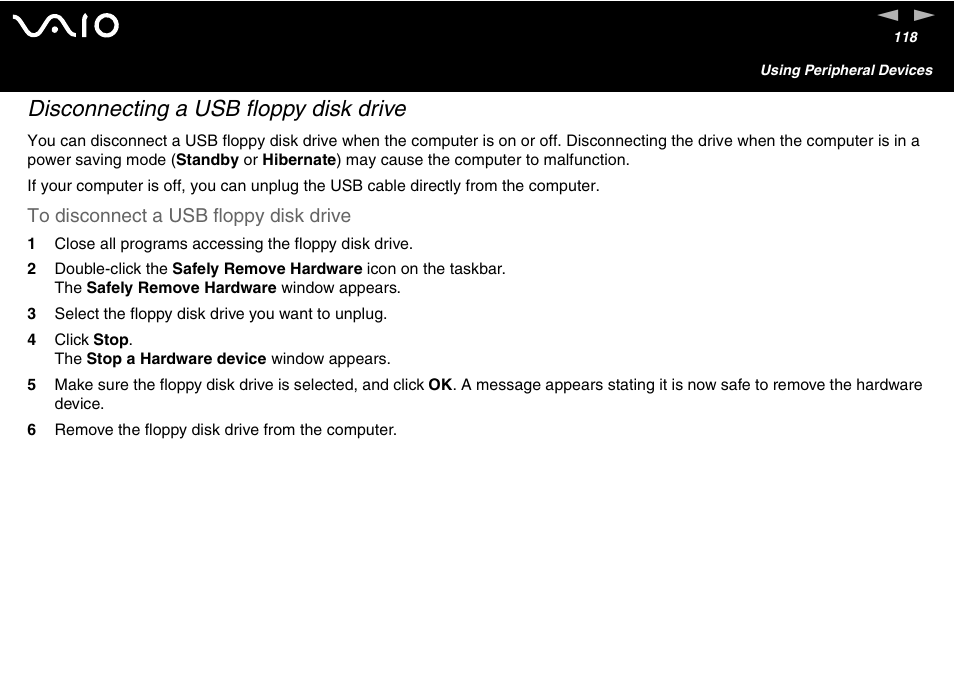 Disconnecting a usb floppy disk drive | Sony VAIO VGN-A700 User Manual | Page 118 / 216