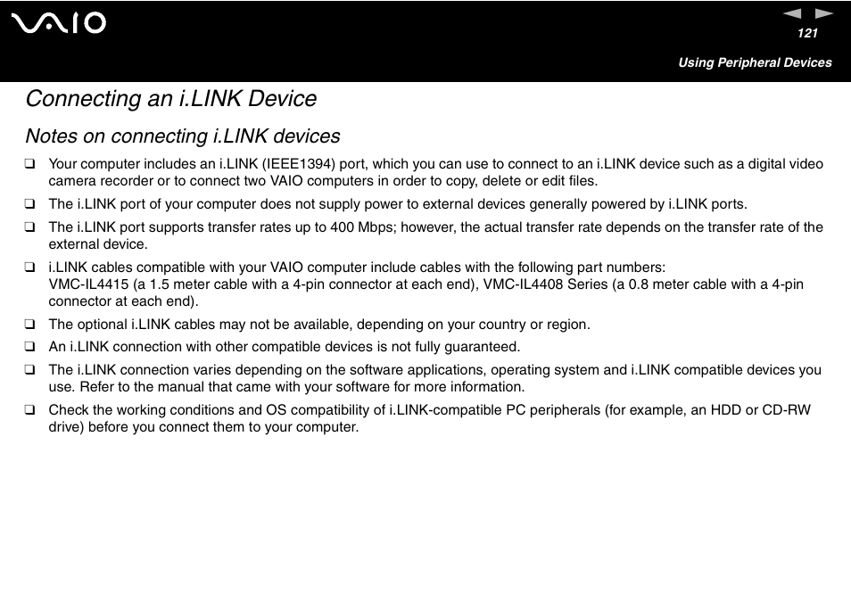 Connecting an i.link device | Sony VAIO VGN-A700 User Manual | Page 121 / 216