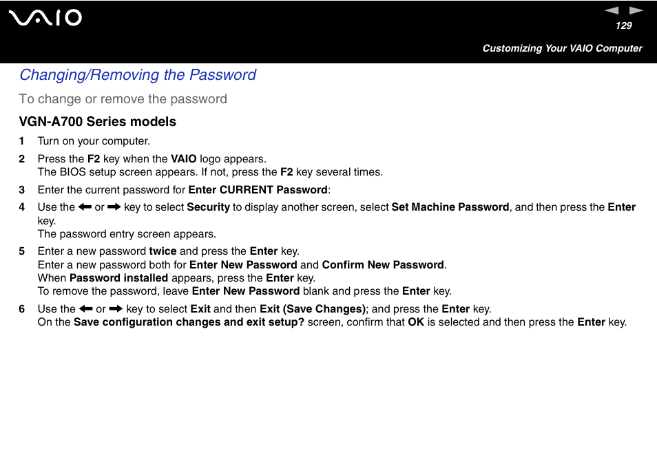 Changing/removing the password | Sony VAIO VGN-A700 User Manual | Page 129 / 216