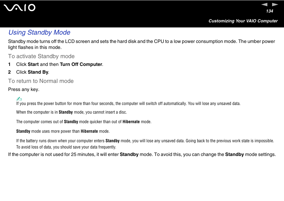 Using standby mode | Sony VAIO VGN-A700 User Manual | Page 134 / 216