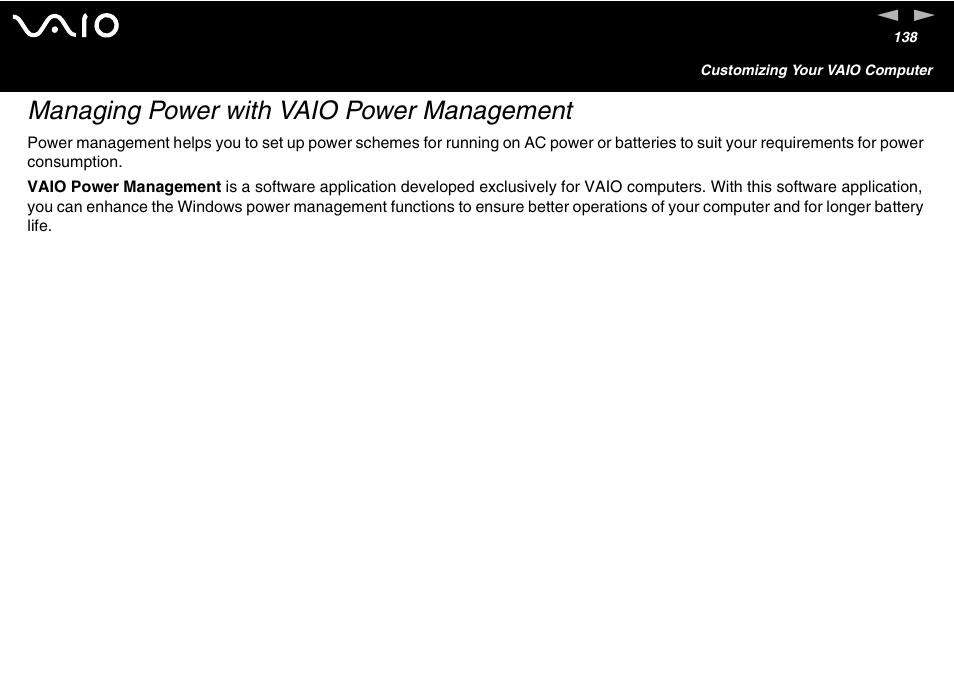 Managing power with vaio power management | Sony VAIO VGN-A700 User Manual | Page 138 / 216