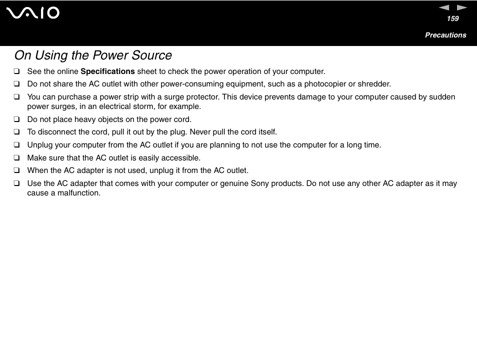 On using the power source | Sony VAIO VGN-A700 User Manual | Page 159 / 216